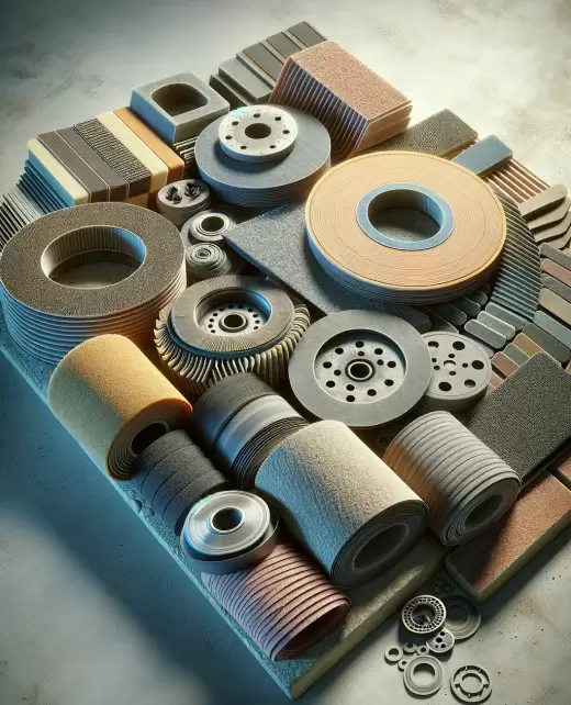 DALL·E 2024-03-15 17.53.55 - Generate a photorealistic image of various abrasive materials, including sanding sheets, discs, and belts, arranged in an overlapping fashion on a tex
