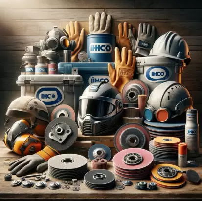 DALL·E 2024-03-24 01.39.02 - Create a photorealistic image featuring a variety of abrasives and safety gear, including items like sanding discs, safety goggles, helmets, and glove