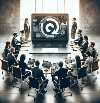 DALL·E 2024-03-24 01.43.01 - Create a photorealistic image of a group of professional people in a modern office setting, gathered around a table with a laptop prominently displaye