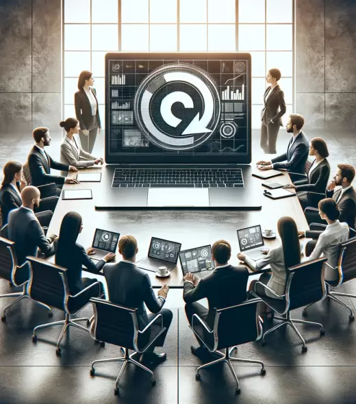 DALL·E 2024-03-24 01.43.01 - Create a photorealistic image of a group of professional people in a modern office setting, gathered around a table with a laptop prominently displaye